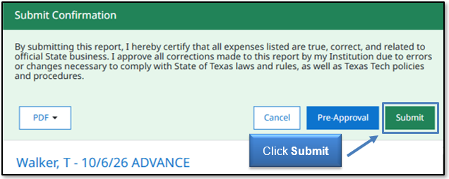 Image in Emburse Enterprise, click Submit to certify and confirm all expenses listed are true and correct