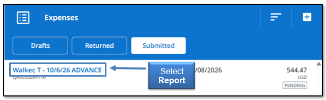 Image in Emburse Enterprise, select the appropriate report to review from the list of submitted Expense Reports