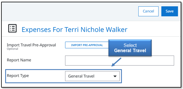 Image in Emburse Enterprise, for the Report Type select General Travel
