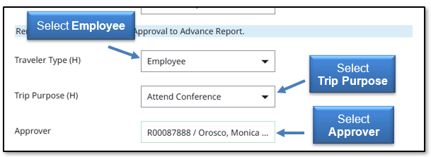 Image in Emburse Enterprise, select Employee for Traveler Type (H); Select a Trip Purpose; and Select an approver