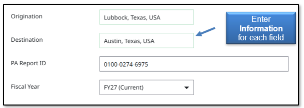 Image in Emburse Enterprise, enter information for Destination, PA Report ID and Fiscal Year