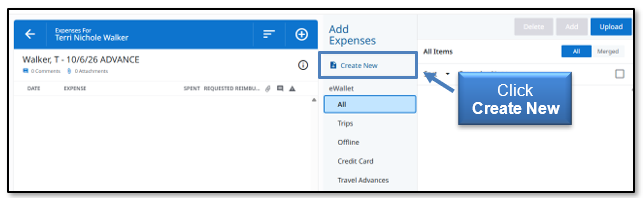 Image in Emburse Enterprise, click Create New in the eWallet panel