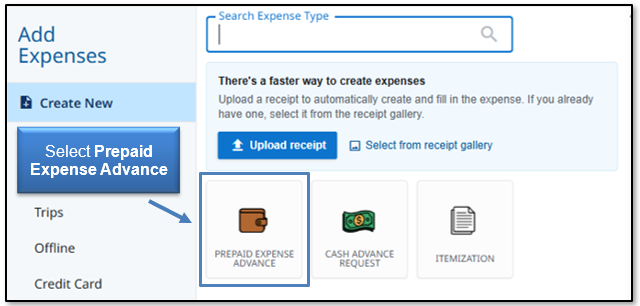 Image in Emburse Enterprise, select the Prepaid Expense Advance tile to add expenses