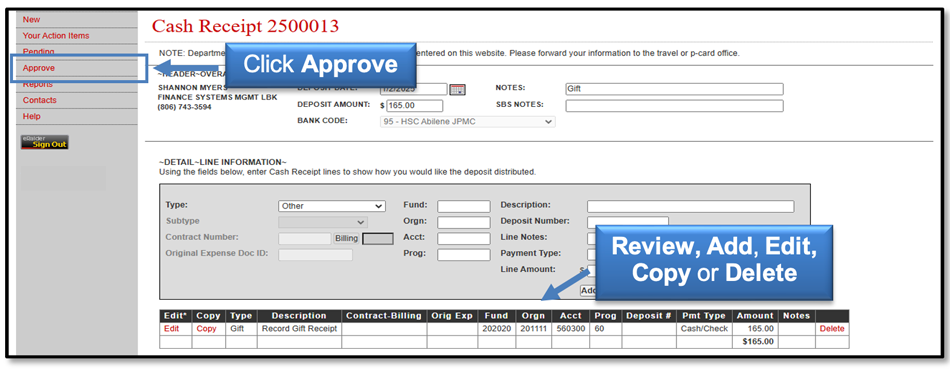 Image illustrating cash receipt display and review, add, edit, copy and delete link locations.