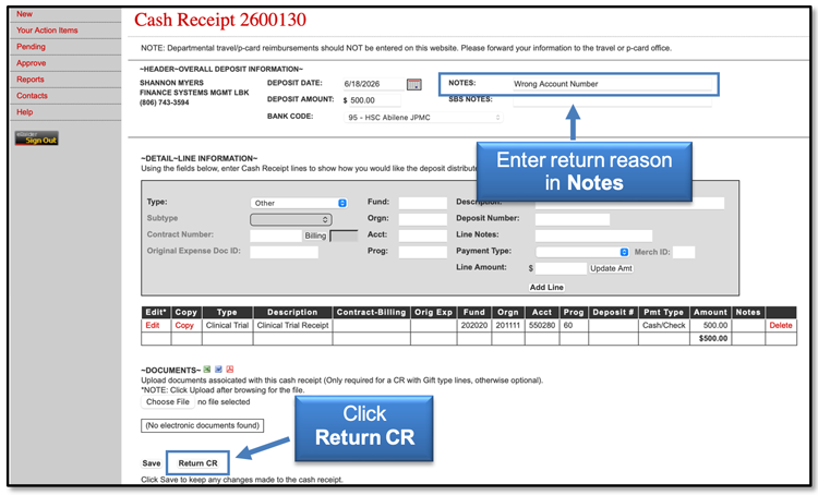 Image illustrating notes field and return CR button.